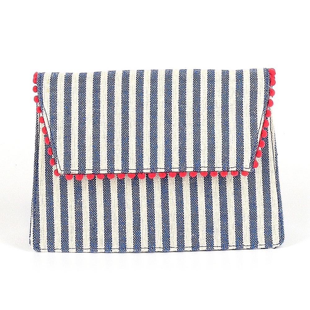 NWT J.Crew Convertible Envelope Clutch Striped Chain Strap Blue Red Gold